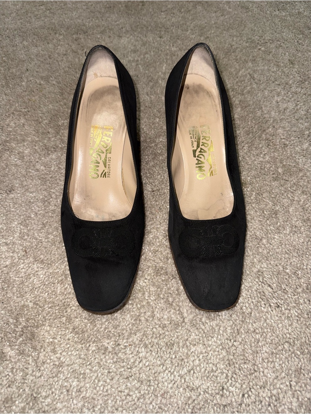 Salvatore Ferragamo Black Suede Square-Toe Embroidered Pump